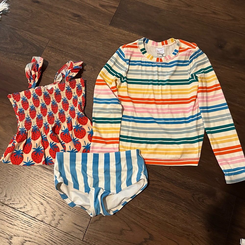 Hanna Andersson peplum swim tankini rash guard striped bottoms strawberries